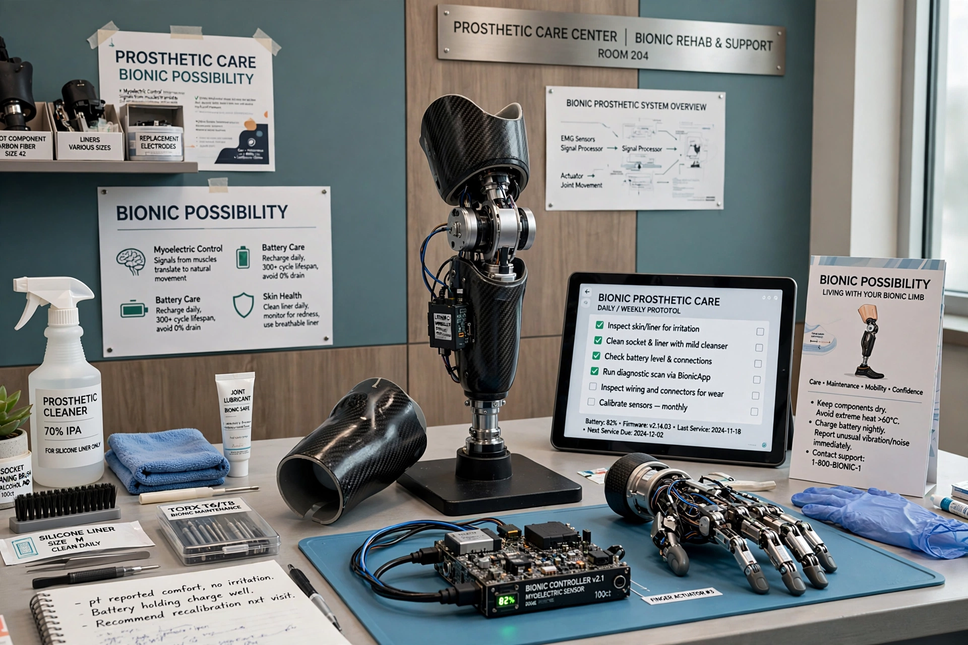 Illustrative prosthetic care workbench with a leg, hand, socket, electronic components, tools and a tablet checklist.
