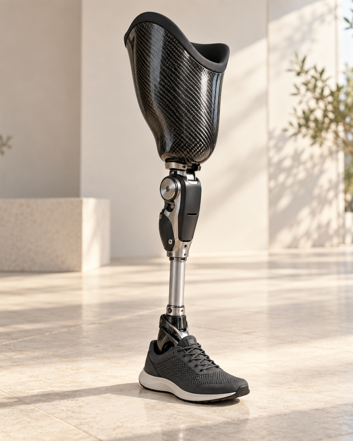 Illustrative above-knee prosthesis with carbon-fibre socket, artificial knee and a titanium pylon, standing in a sunlit room.