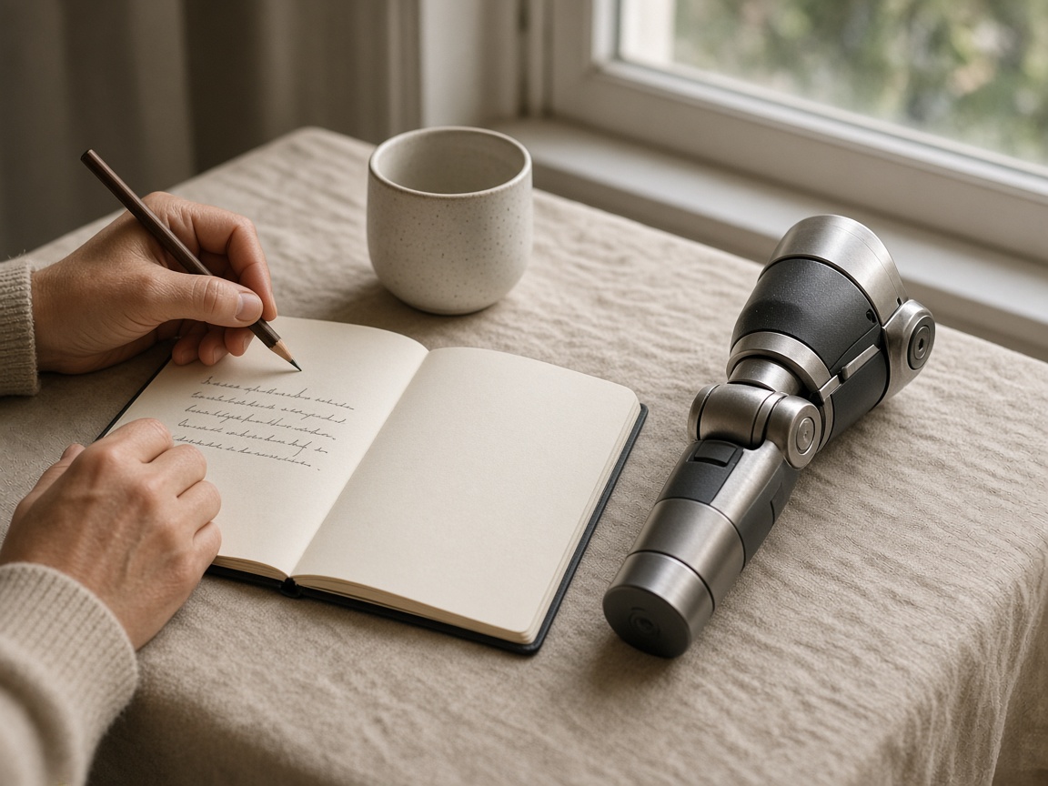An illustrative scene of someone writing questions beside a generic prosthetic knee. The handwriting is not readable. Not a specific product.