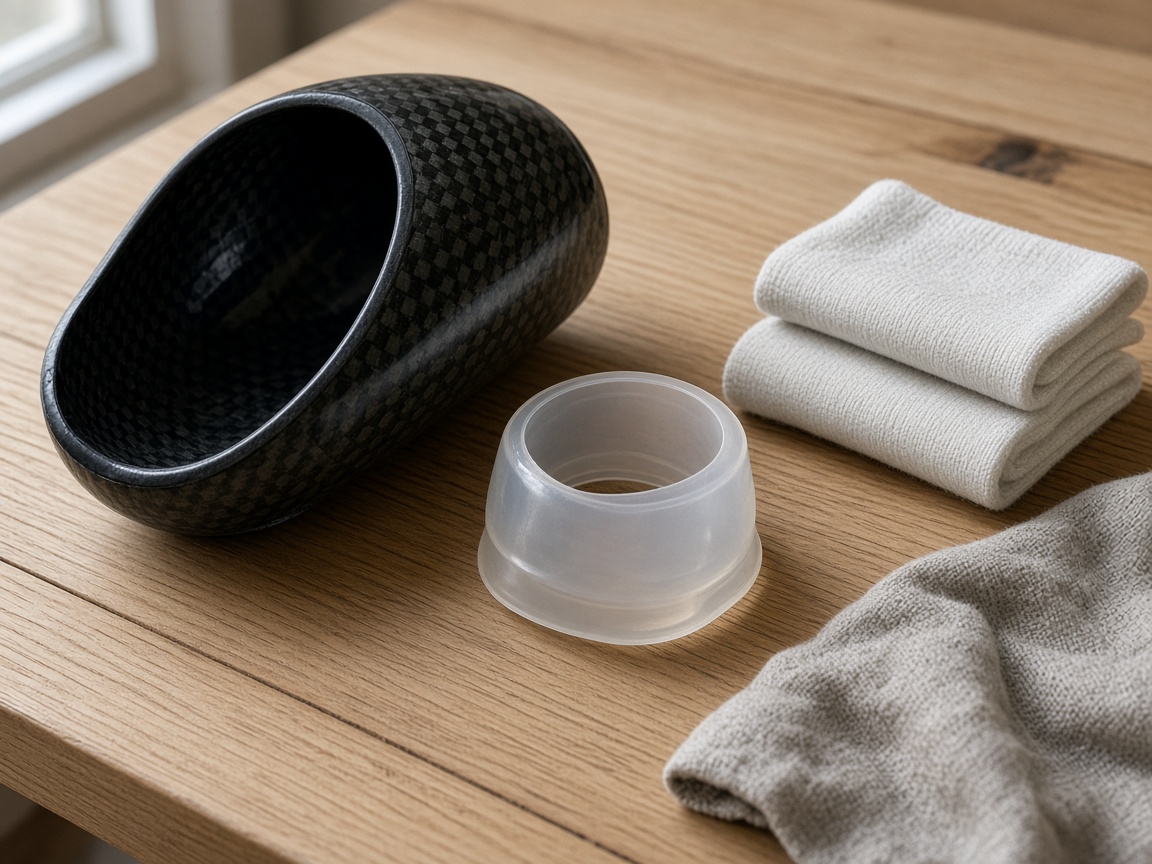 An illustrative still life of a carbon socket, silicone liner and socks on an oak bench. Not a specific product.