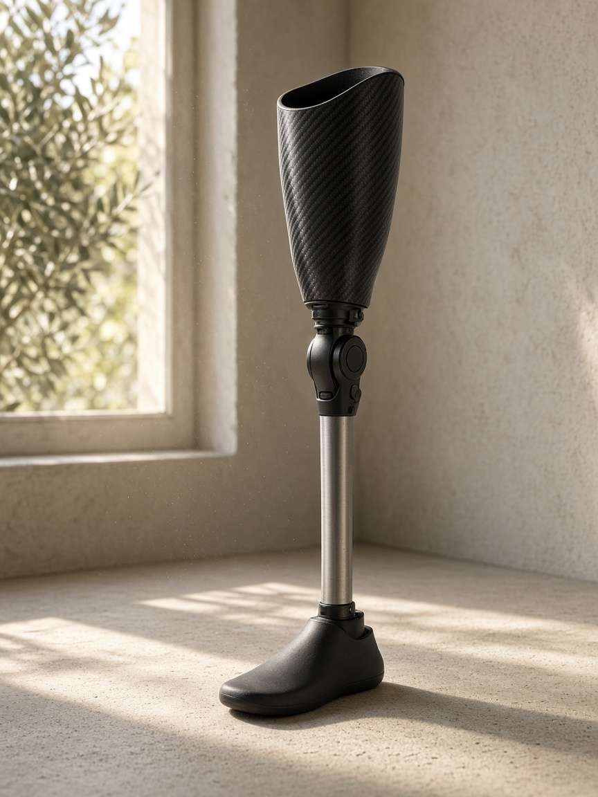 An illustrative above-knee prosthesis standing in late-afternoon window light. Generic carbon socket, knee, pylon and foot. Not a specific product.