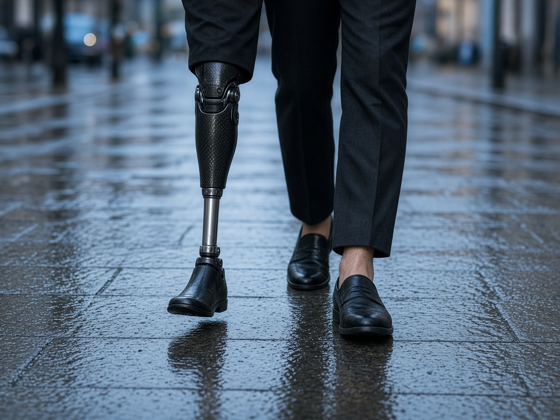 An illustrative stride on wet pavement: a generic prosthetic leg beside a natural leg. Not a specific product or person.