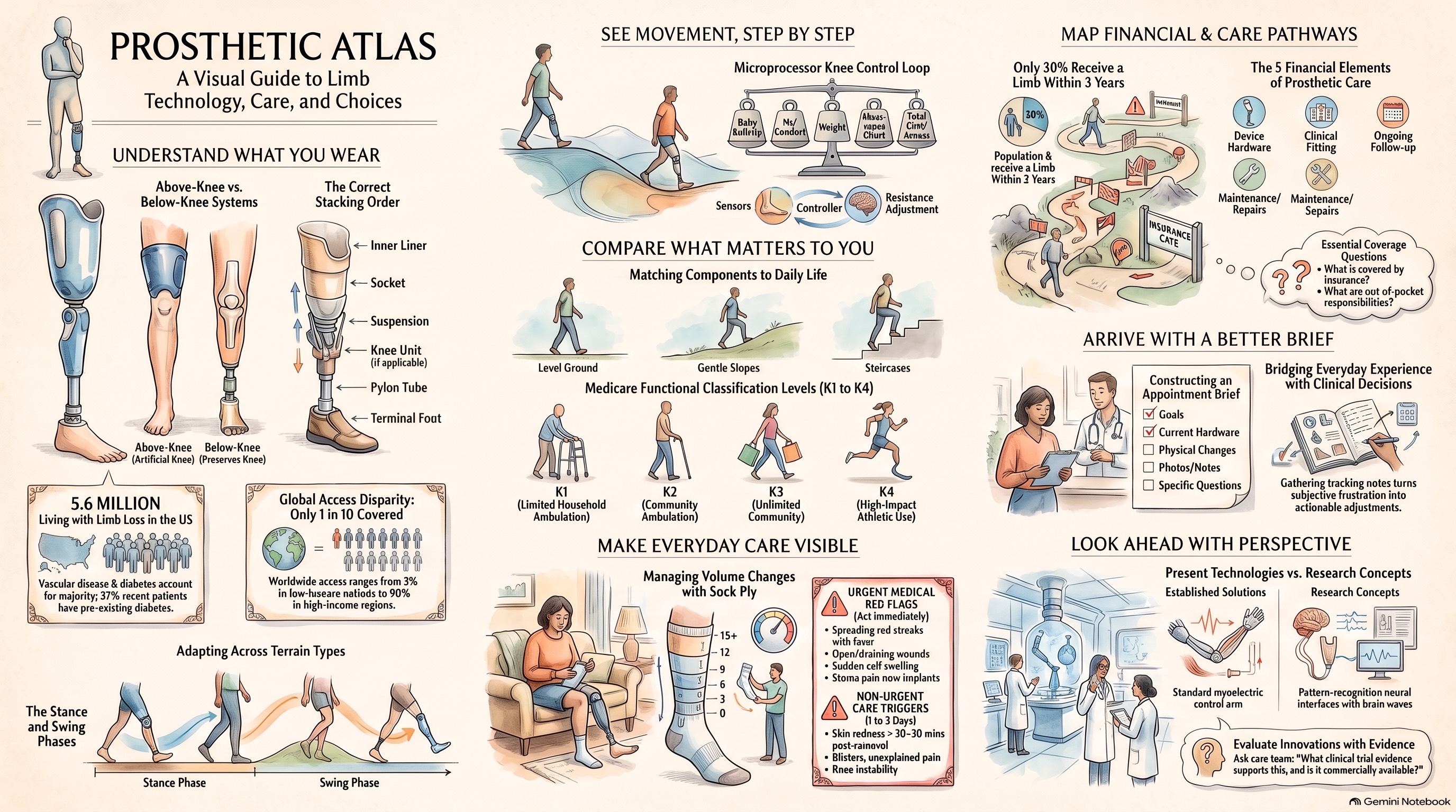 Illustrated overview of limb technology, care, and choices, covering anatomy, gait, activity levels, and a visit brief.