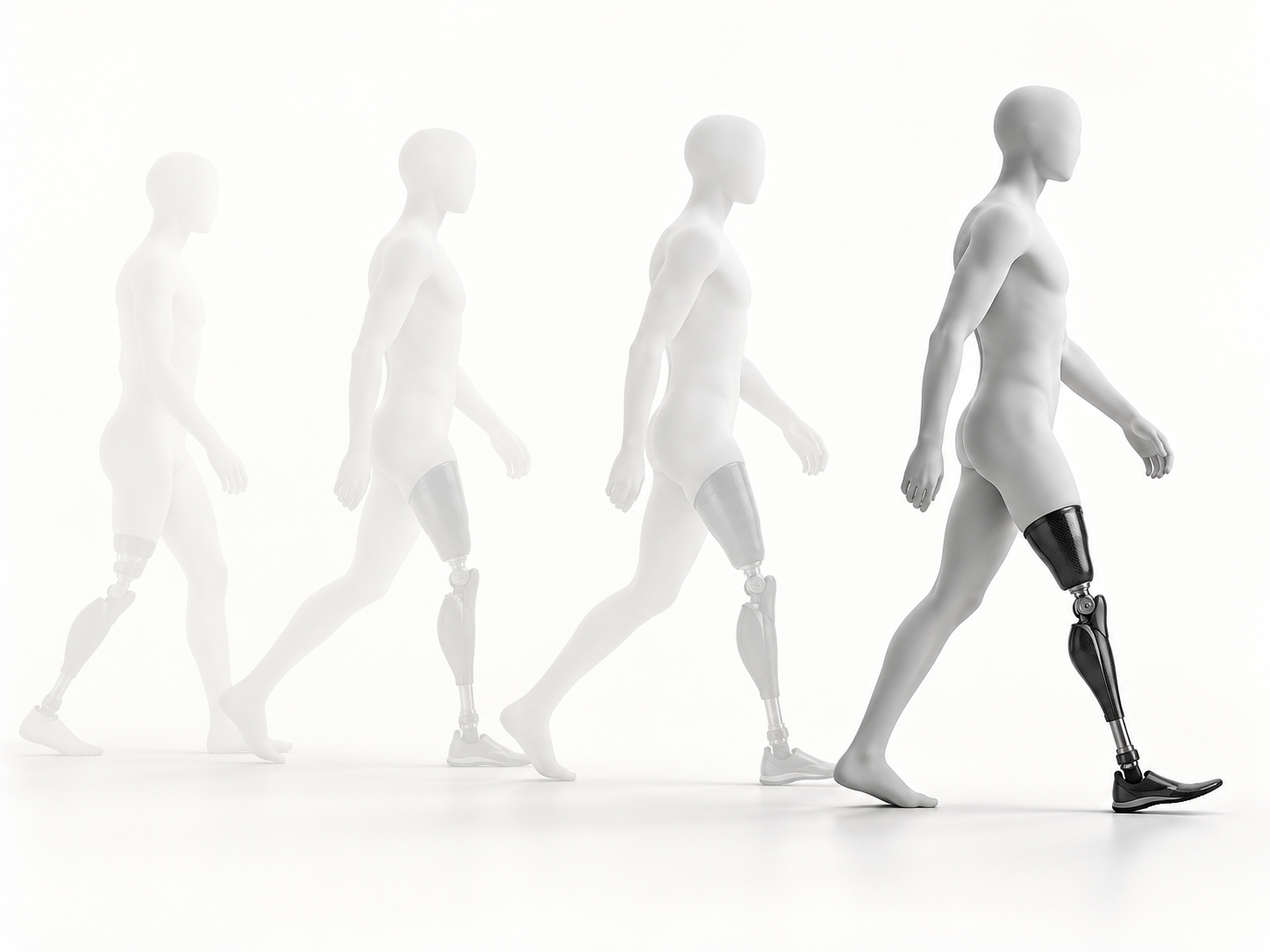 An illustrative walking figure with a prosthetic leg and a sequence of motion silhouettes.